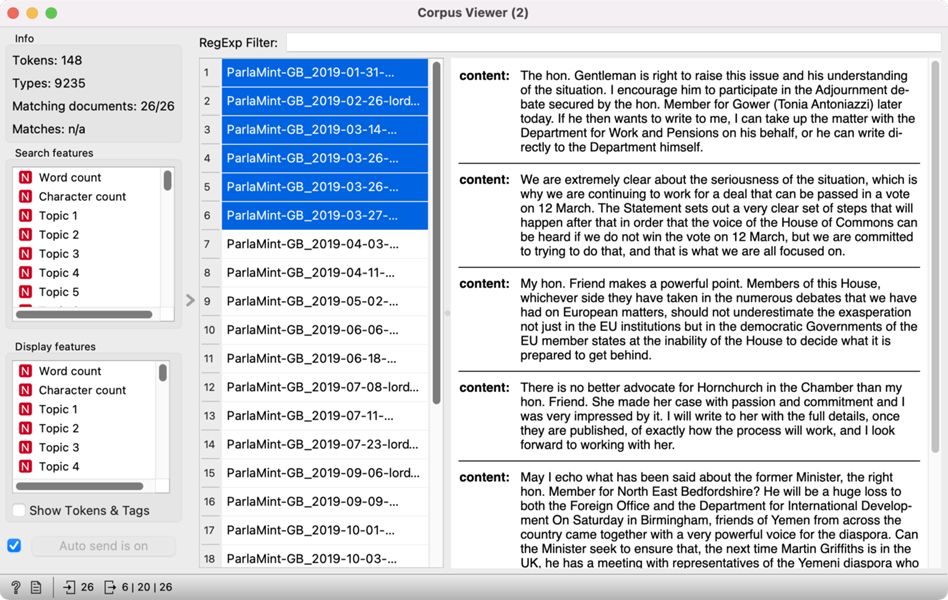 Figure 20: Overview of the selected speeches in the Corpus Viewer widget.